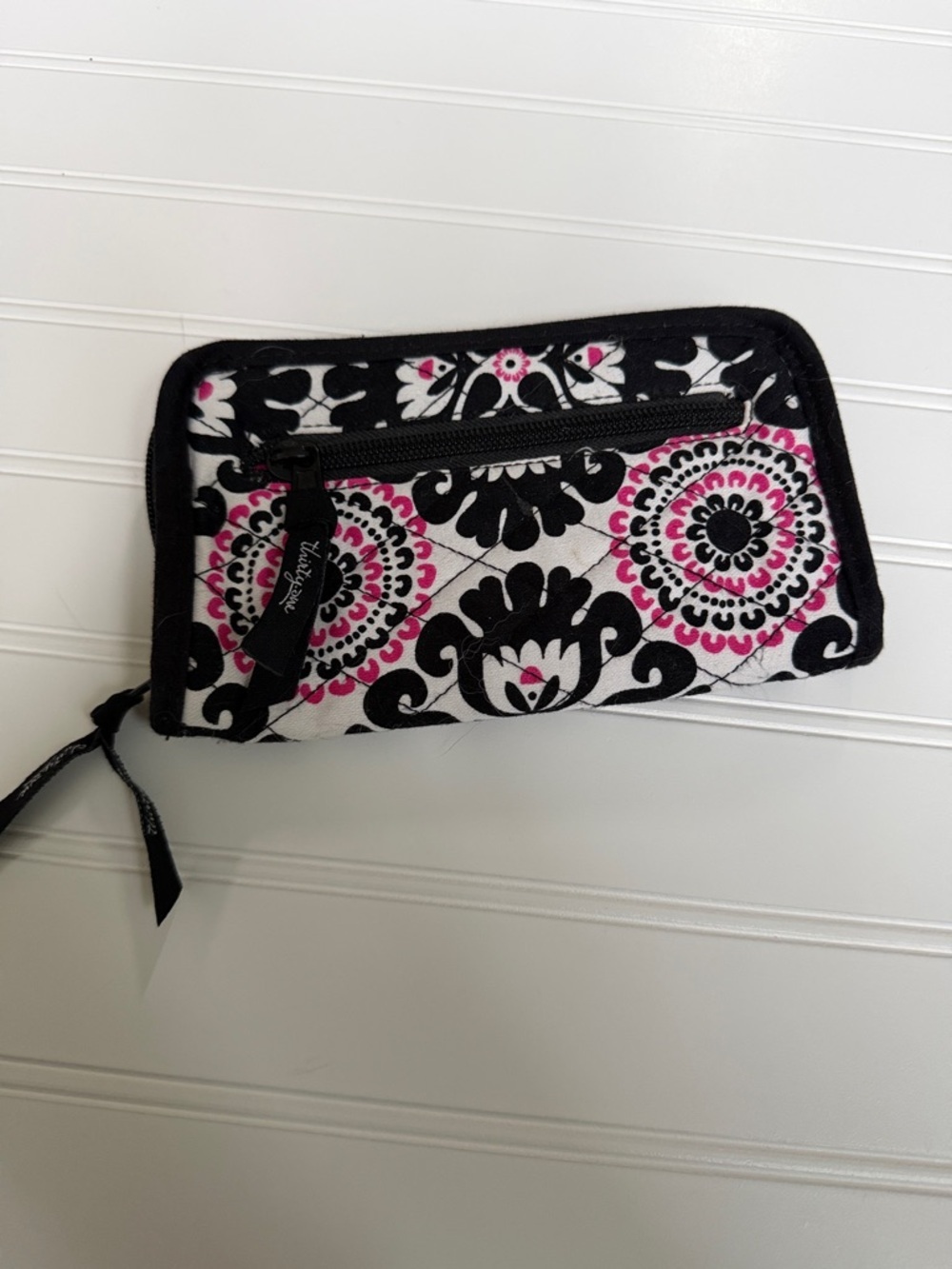 (125)thirty-one Black White and Pink Floral Quilted Wristlet